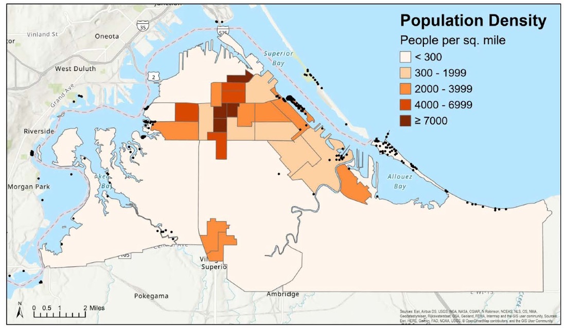 A map depicting population density of Superior, WI by voting district.