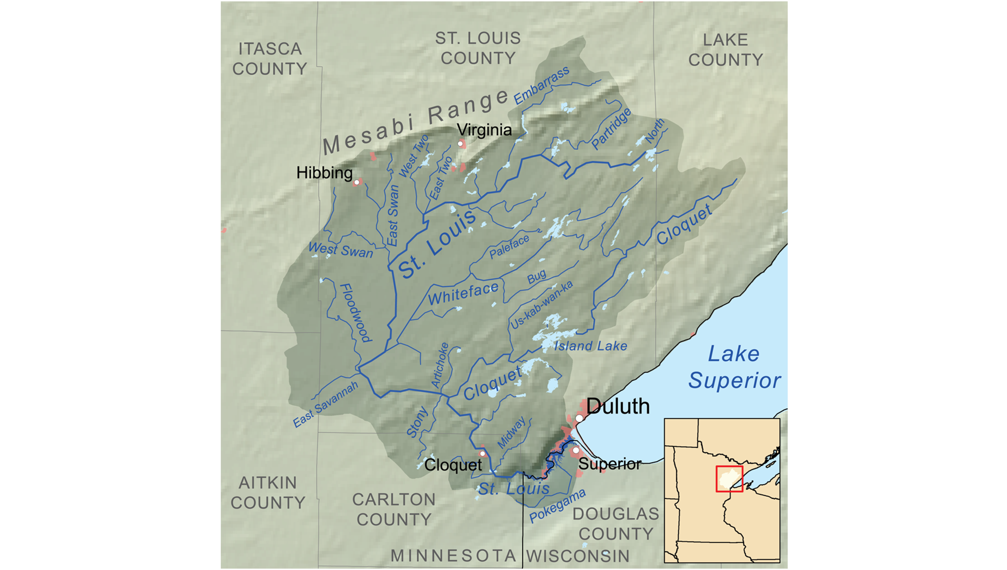 A map depicting the extent of the St. Louis River watershed.