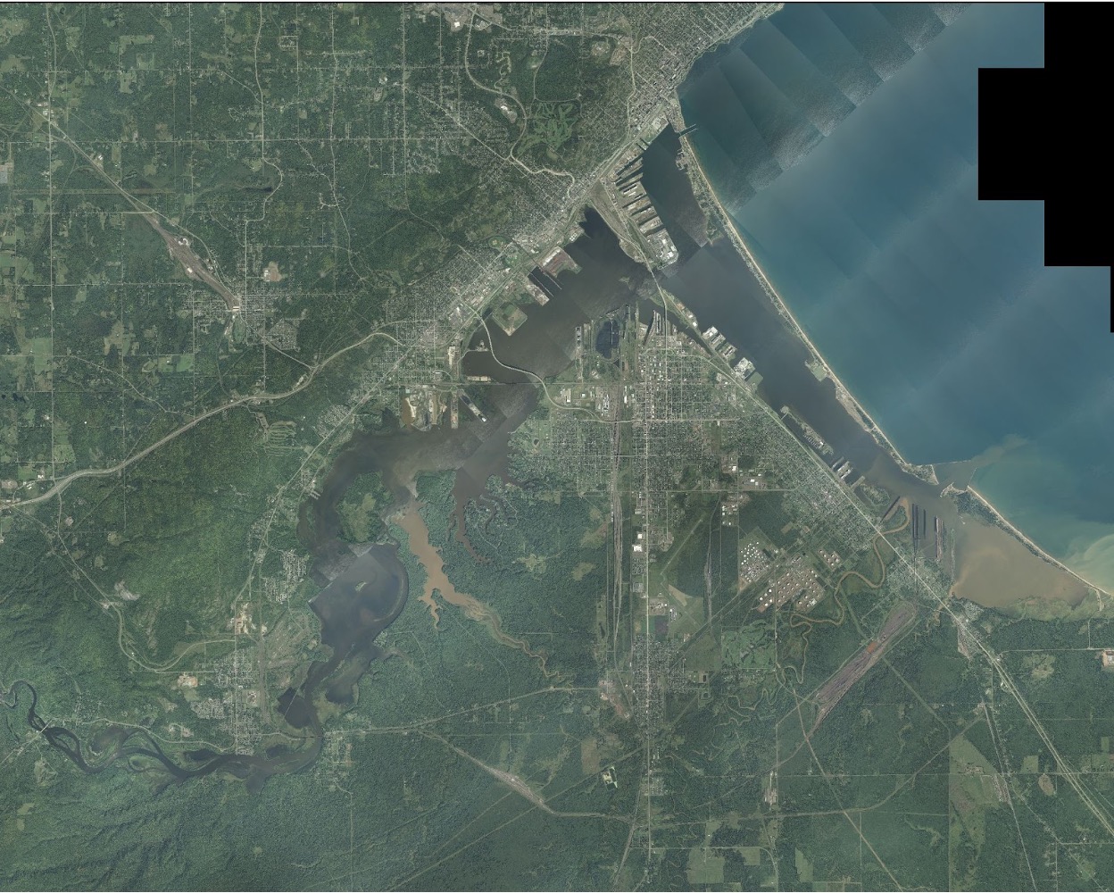 2011 satellite image of the St. Louis River Estuary's drowned river mouth.