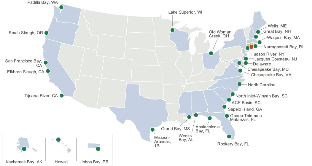 A map depicting the locations of the 29 National Estuarine Research Reserves