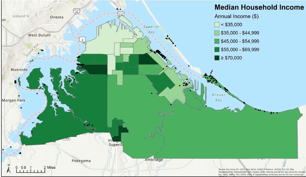 Map Displaying Meidan Houshold Income by Census Block