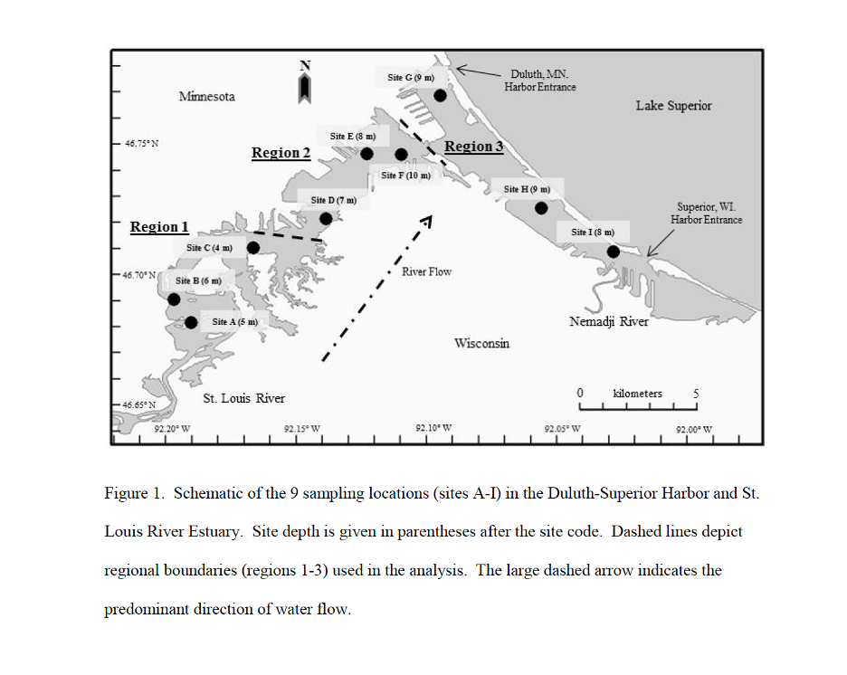 Schematic of the 9 sampling locations in the Duluth-Superior Harbor and St. Louis River Estuary